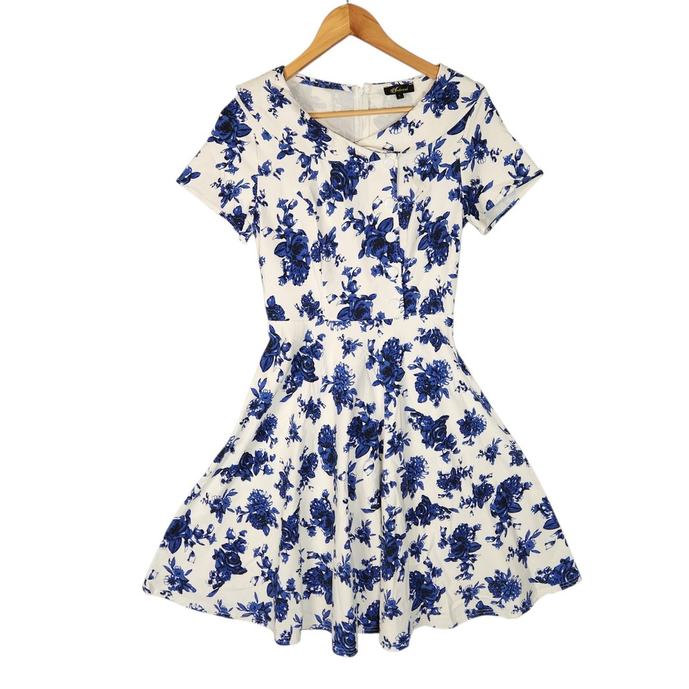 Wedtrend Fit Flare Dress Small White Blue Floral Retro 50s Pin-up Rockabilly